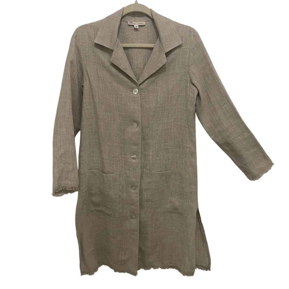 Earth Song Linen Shirt Dress Women Small Beige Fringe Hem Button Front Duster